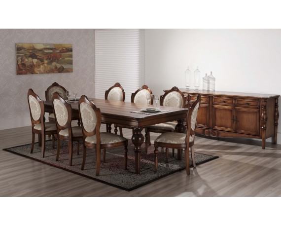Sala de Jantar com 8 cadeiras amistad, acabamento madeira, tecido com trama desenhada, ambientado 