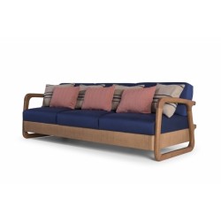 Foto sofá em madeira, acabamento claro, tecido claro, led,  fundo infinito